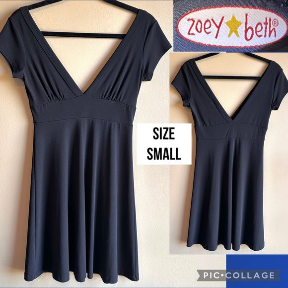 Zoey Beth Dresses & Skirts - Zoey Beth Womens Dress Black Deep V Neck Short Sleeve A-Line Stretch Size Small